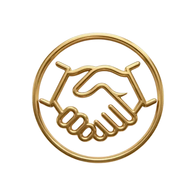 Gold handshake icon symbolizing partnership with Discover Church's global ministry and mission outreach