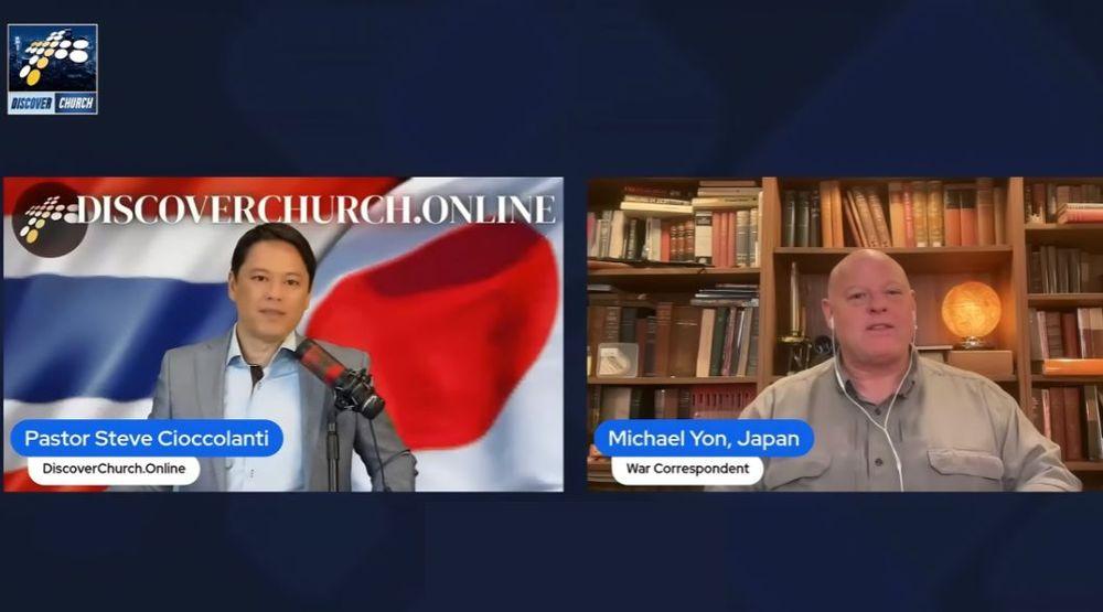Pastor Steve Cioccolanti interviewing war correspondent Michael Yon in a split-screen video interview